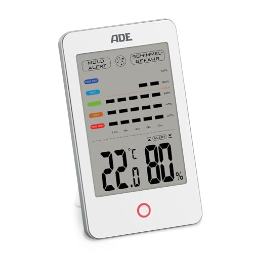 ADE Digitales Hygrometer innen mit Schimmelalarm | Feuchtigkeitsmessgerät mit Thermometer | Temperatur und Luftfeuchtigkeitsmesser | großes LCD-Display | weiß von ADE