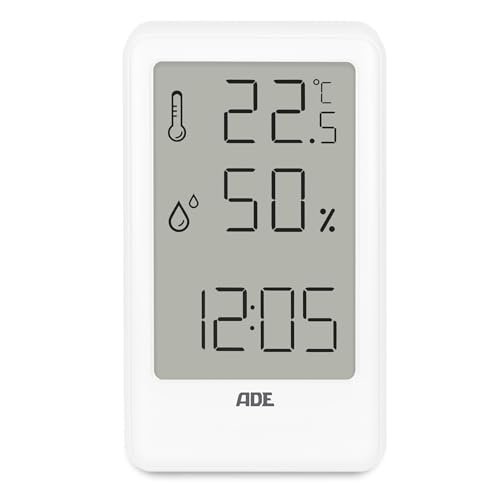 ADE Digitales Hygrometer & Thermometer | Feuchtigkeitsmessgerät innen mit Uhrzeit | Raumthermometer für Temperatur und Luftfeuchtigkeit | für Büro, Kinderzimmer, Schlafzimmer, Bad | Hochformat | weiß von ADE