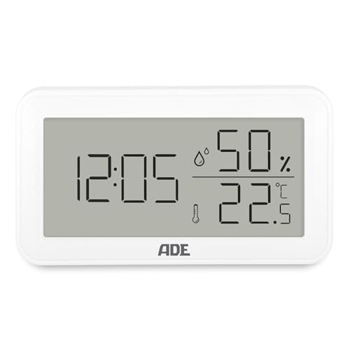 ADE Digitales Hygrometer & Thermometer | Feuchtigkeitsmessgerät innen mit Uhrzeit | Raumthermometer für Temperatur und Luftfeuchtigkeit | für Büro, Kinderzimmer, Schlafzimmer, Bad | Querformat | weiß von ADE