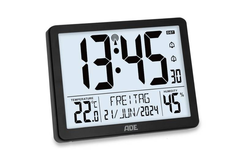 ADE Funktischuhr Digitale Tischuhr Wecker mit Thermometer und Hygrometer 2 Weckzeiten, ausgeschriebener Wochentag, zum Hängen oder Stellen von ADE