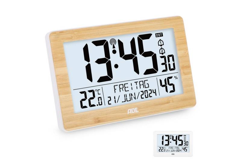 ADE Funktischuhr Digitale Tischuhr Wecker mit Thermometer und Hygrometer 2 Weckzeiten, ausgeschriebener Wochentag, zum Hängen oder Stellen von ADE