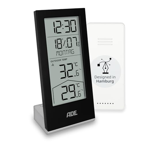 ADE Funkuhr digital mit Temperaturanzeige und Außensensor | Thermometer für Innen- und Außentemperatur | Trendanzeige | Tischuhr mit Datum und Wochentag | inkl. Batterien | schwarz von ADE