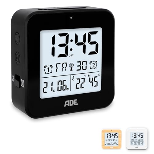 ADE Funkwecker digital mit Batterie | 2 Weckzeiten | Temperaturanzeige | Luftfeuchtigkeit | Reisewecker | Funkuhr mit DCF Zeitsignal | Schlummerfunktion | schwarz von ADE
