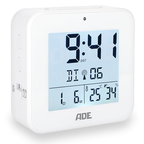 ADE Funkwecker digital mit Batterie | 2 Weckzeiten | Temperaturanzeige | Luftfeuchtigkeit | Reisewecker | Funkuhr mit DCF Zeitsignal | Schlummerfunktion | weiß von ADE