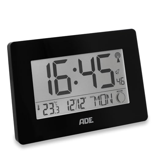 ADE Große Digitale Funkuhr mit XXL-Ziffern | Tischuhr und Wanduhr mit Kalenderfunktion | mit Temperaturanzeige | Funkwecker batteriebetrieben | schwarz von ADE