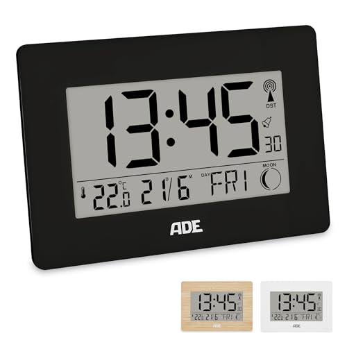 ADE Große Funkuhr digital mit XXL-Ziffern | Tischuhr mit Kalender und Wochentag | Digitale Uhr mit Temperaturanzeige | Funkwecker digital mit Batterie | schwarz von ADE