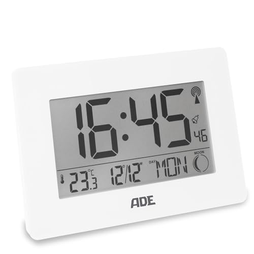 ADE Große Digitale Funkuhr mit XXL-Ziffern | Tischuhr und Wanduhr mit Kalenderfunktion | mit Temperaturanzeige | Funkwecker batteriebetrieben | weiß von ADE