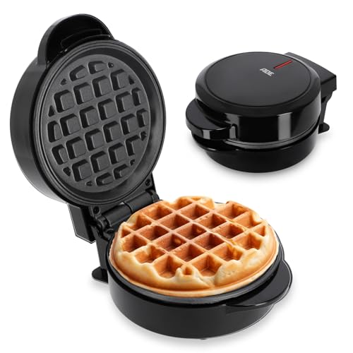 ADE Mini Waffeleisen | runde belgische Waffel | für eine Person, Party, Kindergeburtstag | hochwertige Antihaftbeschichtung | 550 W | schwarz von ADE