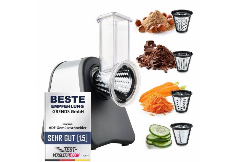 ADE Multireibe Elektrische Reibe, Gemüseschneider, inkl. 4 Einsätze, extrascharfe Klingen, Zerkleinerer für Gemüse, Obst, Nüsse, 200 W von ADE