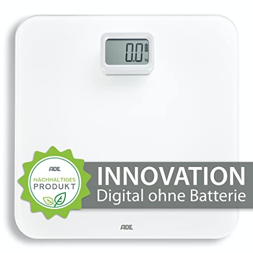 ADE Personenwaage ohne Batterien BE2008 Kira mit Dynamo, umweltschonende batterielose Waage, Badezimmer Waage digital, Körperwaage nachhaltig, umweltfreundliche Glaswaage eco bis 150kg von ADE