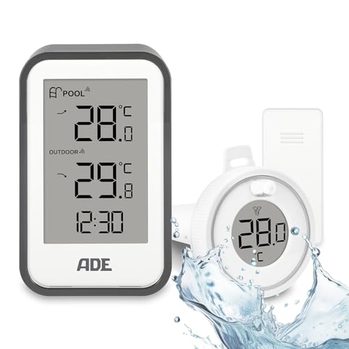 ADE Poolthermometer schwimmend | Pool Thermometer funk für Schwimmbad, Whirlpool, Badewanne, Teich | Wasserthermometer mit Außensensor | inkl. Batterien von ADE