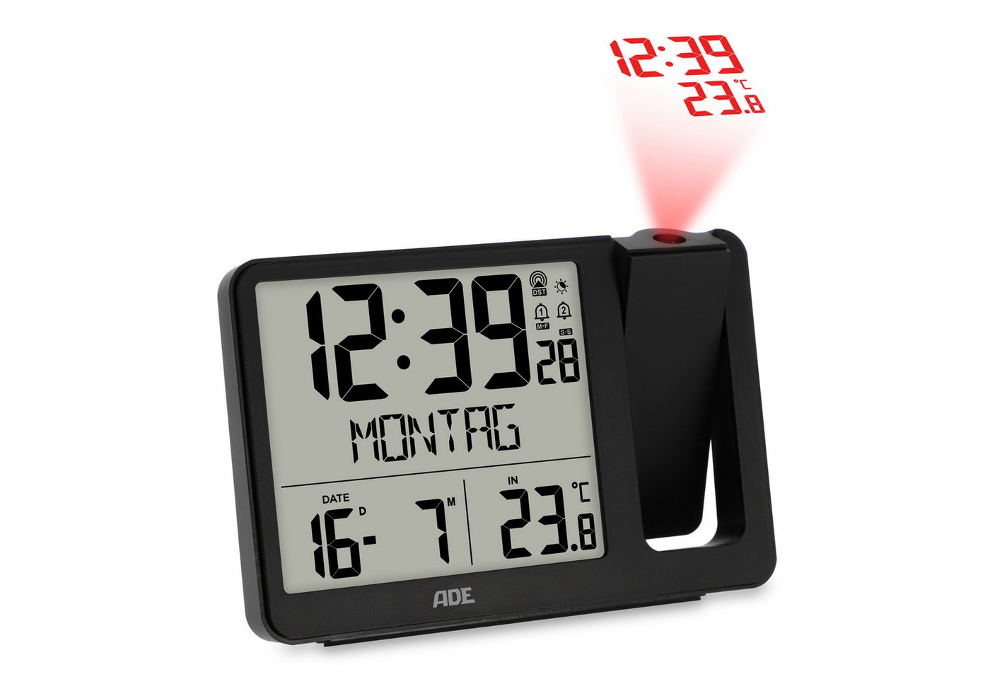 ADE Projektionswecker Funk mit Außensensor und 2 Weckzeiten mit Anzeige von Datum und ausgeschriebenem Wochentag von ADE
