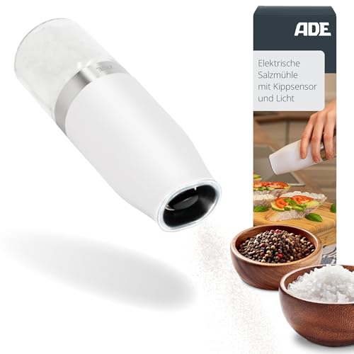 ADE Salzmühle elektrisch mit Kippsensor | Pfeffermühle mit Keramikmahlwerk | Gewürzmühle | stufenlos einstellbar | Salz, Pfeffer, Chili, getrocknete Kräuter | Kräutermühle | mit Beleuchtung | weiß von ADE