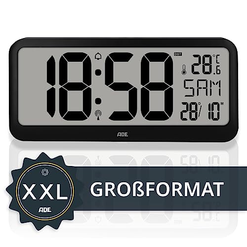 ADE Sehr große Digitale Wanduhr mit XXL-Ziffern | Funkuhr mit Kalender | perfekt für Büro, Großraum, Werkstatt, Senioren | Thermometer & Alarm | Tischuhr schwarz von ADE