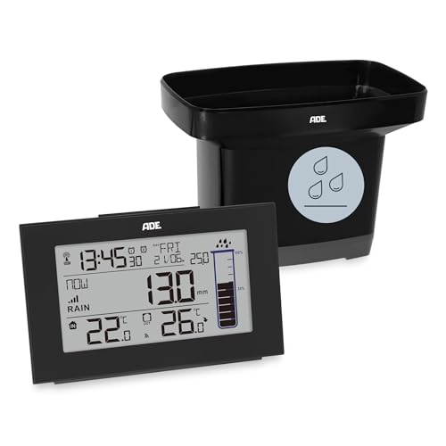 ADE Digitaler Regenmesser frostsicher mit Wetterstation | Funk-Außenthermometer für den Garten | Innenthermometer | Funkwecker mit 2 Weckzeiten | mit Datumsanzeige | inkl. Batterien von ADE