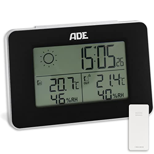 ADE Wetterstation Funk mit Außensensor | kompaktes Thermometer Hygrometer außen innen | mit Funkwecker und Wettervorhersage | klein und modern von ADE