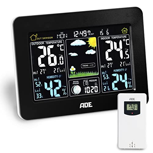 ADE Wetterstation WS1503 mit Funk und Außensensor. Anzeige von Wetter, Temperatur, Luftdruck und Luftfeuchtigkeit. Mit Funkuhr und Wecker. Thermometer und Hygrometer für Innen und Außen. Schwarz von ADE