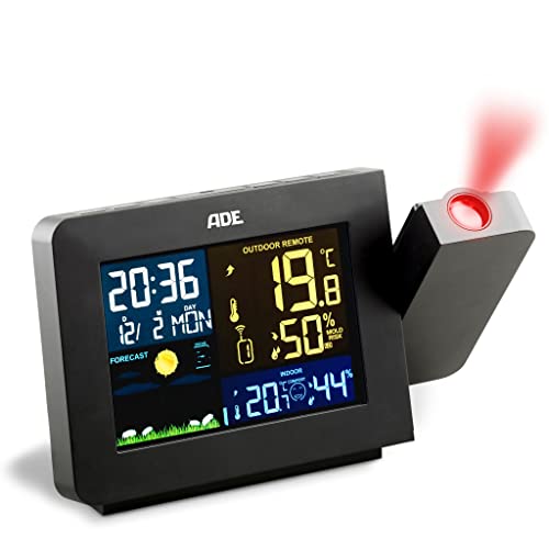 ADE Wetterstation WS1911 mit Projektion und Funk-Außensensor, Thermometer, Hygrometer, Raumklima-Indikator, beleuchtetes LCD-Display, Wecker & Funkuhr mit DCF Zeitsignal und Datum, schwarz von ADE