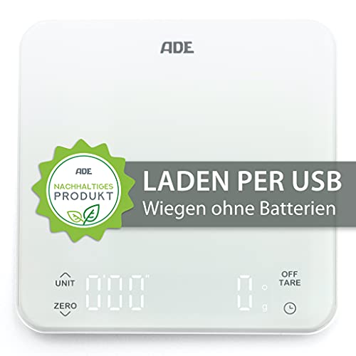 ADE Digitale Küchenwaage mit Akku - Aufladung per USB ohne Batterie | präzise Kaffeewaage mit integriertem Timer | bis 5 kg / 1 g von ADE
