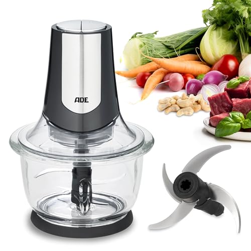 ADE Kraftvoller elektrischer Zerkleinerer | starker 500 W Motor | große 1,2 l Glasschüssel | 4 Edelstahlklingen | 2 Geschwindigkeiten | Zwiebeln, Gemüse, Fleisch | Zwiebelschneider von ADE