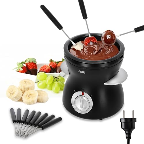 ADE elektrisches Schokofondue 500ml mit 8 Spießen | 2 Temperaturstufen zum Schmelzen und Warmhalten | Temperiergerät für Schokolade und Kuvertüre | herausnehmbare teflonbeschichtete Schüssel von ADE