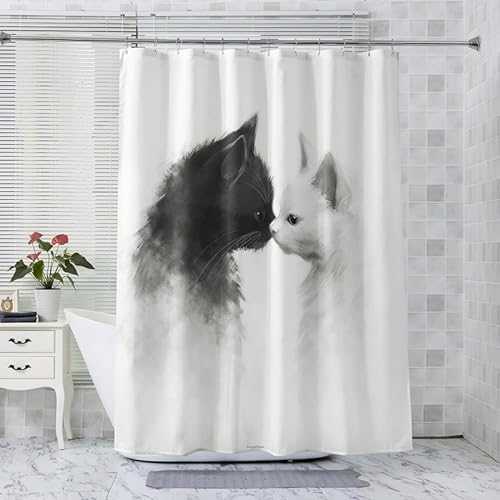 ADEIRO Duschvorhang 120x180, Duschvorhang Katze, Duschvorhang Schwarz und Weiß mit 12 Plastik Haken, Badevorhang Waschbar Textil Shower Curtains für Dusche und Badewanne von ADEIRO