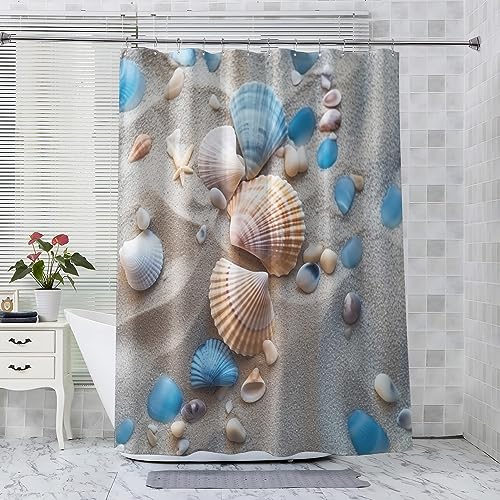 ADEIRO Duschvorhang 120x180 cm, Duschvorhang Strand, Duschvorhang Muschel mit 12 Plastik Haken, Badevorhang Waschbar Textil Shower Curtains für Dusche und Badewanne von ADEIRO