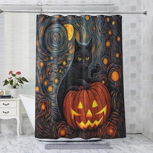 ADEIRO Duschvorhang 180x180 cm, Duschvorhang Halloween, Duschvorhang Kürbis Laterne Katze mit 12 Plastik Haken, Badevorhang Waschbar Textil Shower Curtains für Dusche und Badewanne von ADEIRO