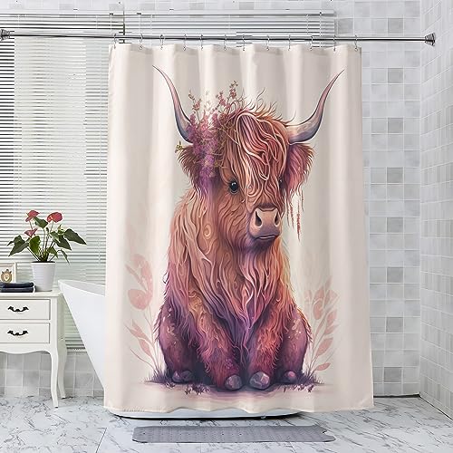 ADEIRO Duschvorhang 180x200, Duschvorhang Hochlandrind, Niedlich Kuh Duschvorhang mit 12 Plastik Haken, Badevorhang Waschbar Textil Shower Curtains für Dusche und Badewanne von ADEIRO