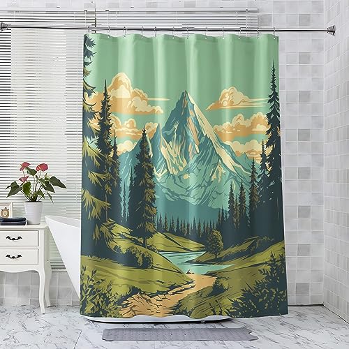 ADEIRO Duschvorhang 180x200 cm, Duschvorhang Berg, Duschvorhang Landschaft mit 12 Plastik Haken, Badevorhang Waschbar Textil Shower Curtains für Dusche und Badewanne von ADEIRO