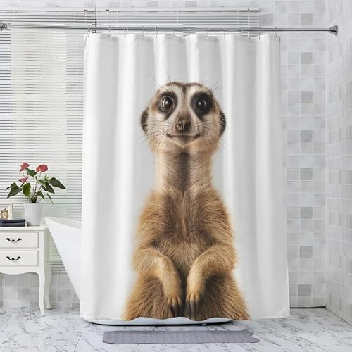 ADEIRO Duschvorhang 180x200 cm, Duschvorhang Erdmännchen, Duschvorhang Tier mit 12 Plastik Haken, Badevorhang Waschbar Textil Shower Curtains für Dusche und Badewanne von ADEIRO