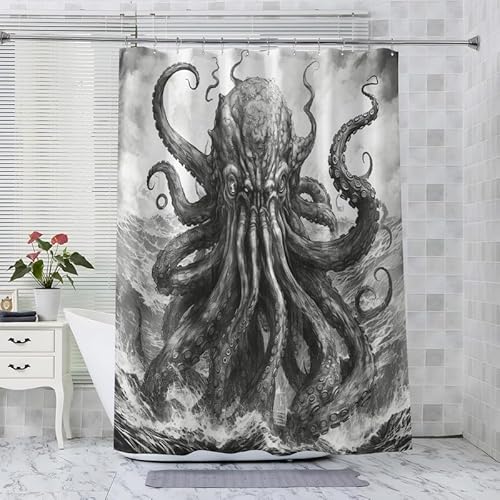 ADEIRO Duschvorhang 240x200, Duschvorhang Krake, Grau Duschvorhang mit 12 Plastik Haken, Badevorhang Waschbar Textil Shower Curtains für Dusche und Badewanne von ADEIRO