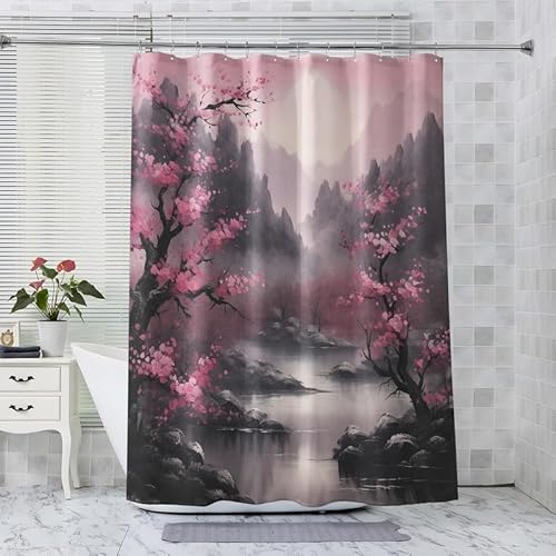 ADEIRO Duschvorhang Kirschblüten, Berg Duschvorhang 180x200 cm, Duschvorhang Kirschblüten mit 12 Plastik Haken, Waschbar Textil Shower Curtains für Dusche und Badewanne von ADEIRO