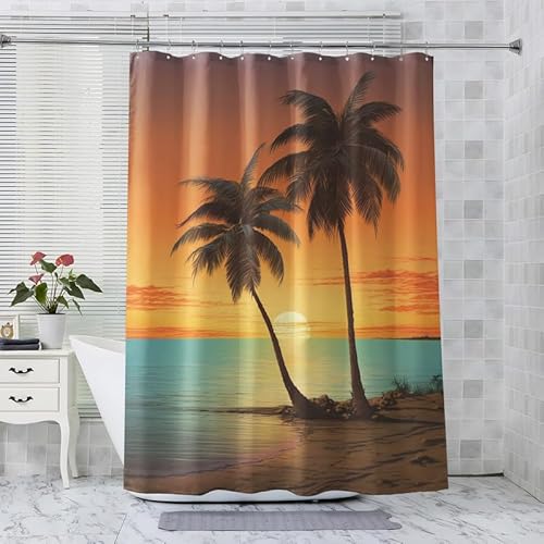 ADEIRO Duschvorhang Palmen, Strand Duschvorhang 90x180 cm, Sonnenuntergang Duschvorhang mit 12 Plastik Haken, Waschbar Textil Shower Curtains für Dusche und Badewanne von ADEIRO