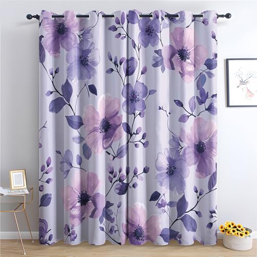 ADEIRO Lila Blumen Vorhänge, Floral Gardinen Verdunklungsvorhänge mit Ösen für Wohnzimmer Schlafzimmer Deko, 2er Set Fenster Vorhang Blickdicht mit Muster 160x140 cm (HxB) von ADEIRO