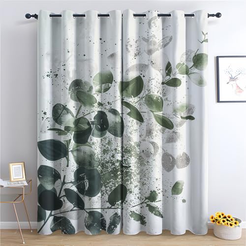 ADEIRO Vorhänge Eukalyptus, Grün Blätter Abstrakt Vorhang Blickdicht Verdunklungsvorhänge mit Ösen für Wohnzimmer Schlafzimmer, 2er Set Gardinen Curtains 200 x 140 cm (H x B) von ADEIRO