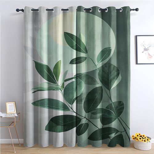ADEIRO Vorhänge Eukalyptus, Grün Blätter Vorhang Blickdicht Verdunklungsvorhänge mit Ösen für Wohnzimmer Schlafzimmer, 2er Set Gardinen Curtains 200 x 140 cm (H x B) von ADEIRO