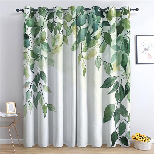 ADEIRO Vorhänge Grün Blätter, Botanik Vorhang Blickdicht Verdunklungsvorhänge mit Ösen für Wohnzimmer Schlafzimmer, 2er Set Gardinen Curtains 225 x 140 cm (H x B) von ADEIRO