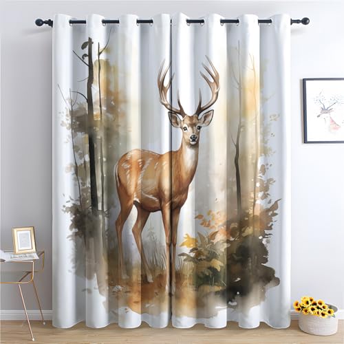 ADEIRO Vorhänge Hirsch, Wald Tier Vorhang Blickdicht Verdunklungsvorhänge mit Ösen für Wohnzimmer Schlafzimmer, 2er Set Gardinen Curtains 137 x 117 cm (H x B) von ADEIRO