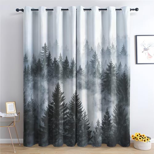 ADEIRO Vorhänge Wald, Nebel Landschaft Vorhang Blickdicht Verdunklungsvorhänge mit Ösen für Wohnzimmer Schlafzimmer, 2er Set Gardinen Curtains 245 x 140 cm (H x B) von ADEIRO