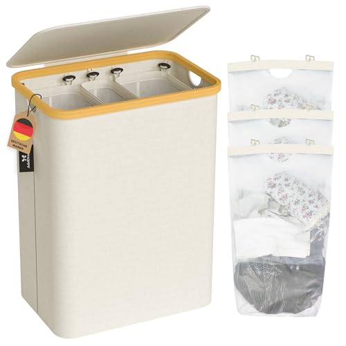 AdelDream 160L Wäschekorb mit Deckel 3 Fächer Wäschekorb Wäschesack schmal Wäschesortierer Wäschebox Wäschetonne Wäschesammler mit Deckel Wäschetruhe Wäschekörbe laundry baskets Hellgrau von ADEL DREAM