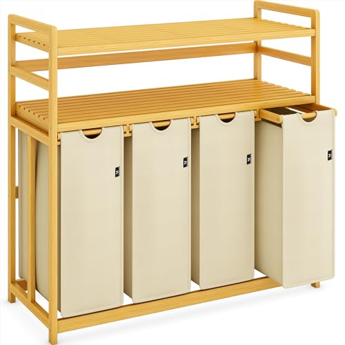 AdelDream Premium Wäschekorb 200L – Wäschesortierer mit 4 Fächern & 2 Ablagen, Bambus Wäschebox mit ausziehbarem & abnehmbarem Wäschesack, Beige von ADEL DREAM