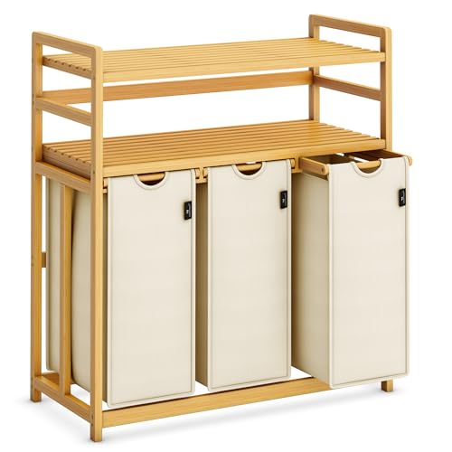 AdelDream Wäschekorb 150 l 3 Fächer 2 Regale ausziehbarer und abnehmbarer Wäschesack Wäschesammler Bambusrahmen Wäschebox laundry baskets Wäschesortierer Bambus Beige von ADEL DREAM