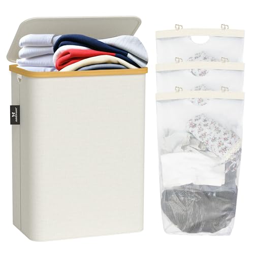 AdelDream Wäschekorb 3 Fächer 160L Bambus Wäschekörbe Wäschesortierer faltbarer Schmutzwäschekorb 3 Fächer wäschesammler laundry basket Hellgrau von ADEL DREAM