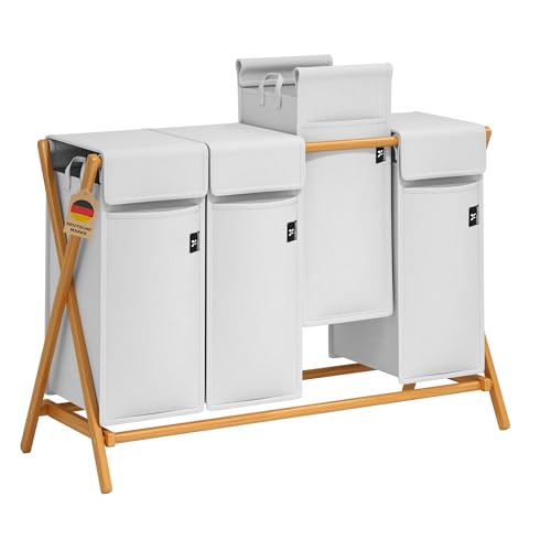 AdelDream Wäschekorb 4 Fächer 200 L Bambus Wäschesammler für Schmutzwäsche Wäschesortierer Holz Wäschebox laundry baskets Wäschesammler mit Deckel X-förmige Bambusregale (200l Hellgrau) von ADEL DREAM