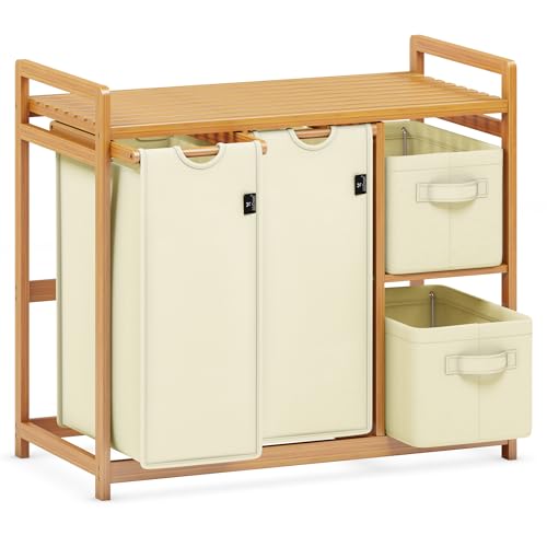 ADEL DREAM Wäschekorb 4 Fächer Wäschesammler 140L Wäscheboxen Mit Korb Wäschesortierer mit 2 Wäschesäcken & 2 Stoffboxen mit Ablage Wäschesack Bambus Wäscheregal Wäschebox Laundry basket Beige von ADEL DREAM
