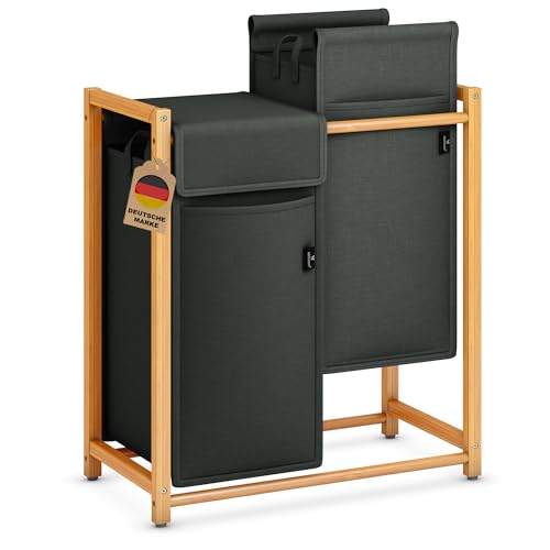 AdelDream Wäschekorb Kleidersortierer 2 Fächer Wäschewagen mit abnehmbaren Taschen Kleidersammler Bambus 100L Dunkelgrau von ADEL DREAM