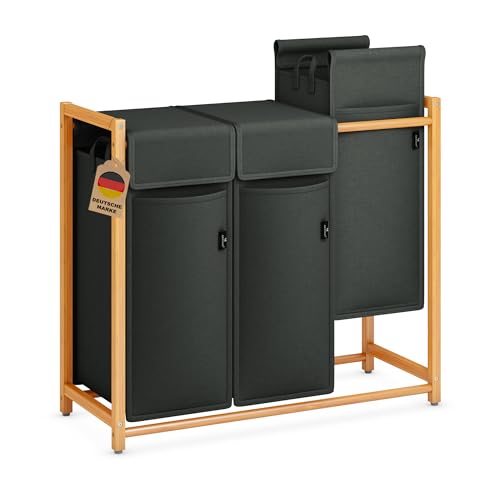 AdelDream Wäschekorb Kleidersortierer 3 Fächer Wäschewagen mit abnehmbaren Taschen Kleidersammler Bambus 150L Dunkelgrau von ADEL DREAM