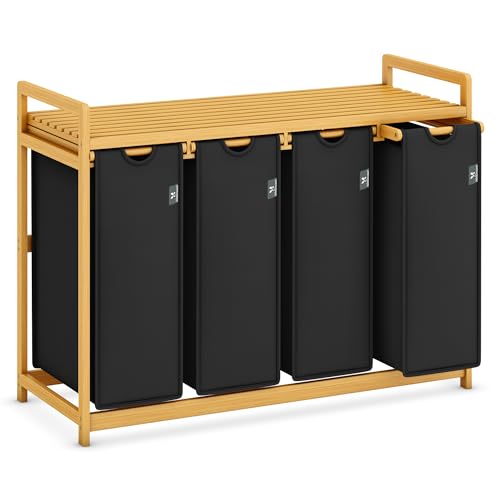 AdelDream Premium Wäschekorb 200L – 4 Fächer, ausziehbarer & abnehmbarer Wäschesack mit Bambusrahmen, Schwarz – Wäschesammler & Wäschebox für Badezimmer & Schlafzimmer von ADEL DREAM