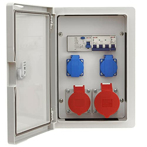 ADELID Baustromverteiler Wandverteiler 1x 32A 1x 16A 5-polig CEE 2x 230V Schuko LS-Schalter FI-Schalter 8-Module IP65 von ADELID
